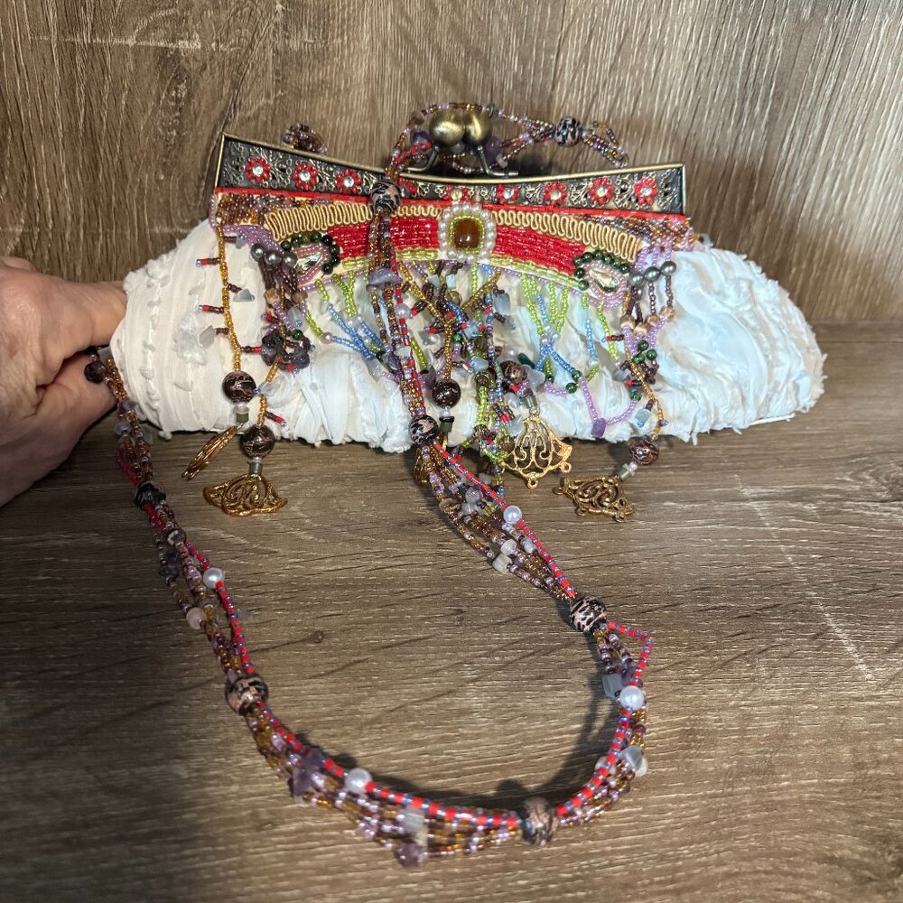 MARY FRANCIS White rusched handbag trimmed in multi color beads NWOT